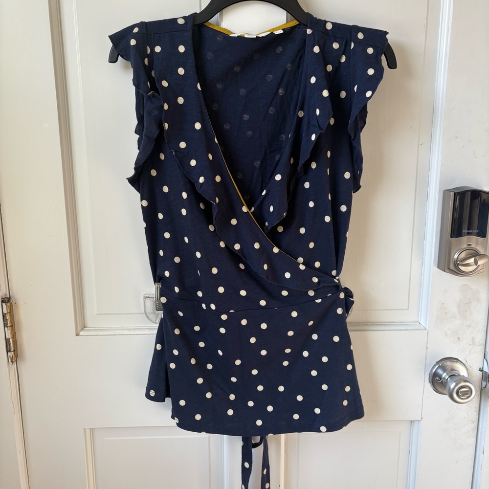 (3/$25) BODEN Navy and White Polka Dot Tie Front Wrap Blouse Size M